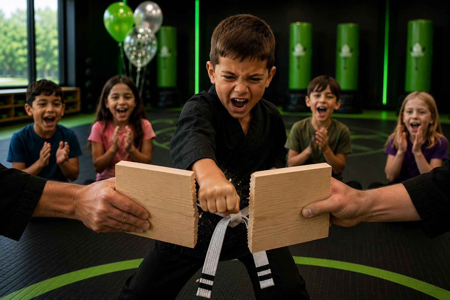 Young birthday star breaking a board with instructor support