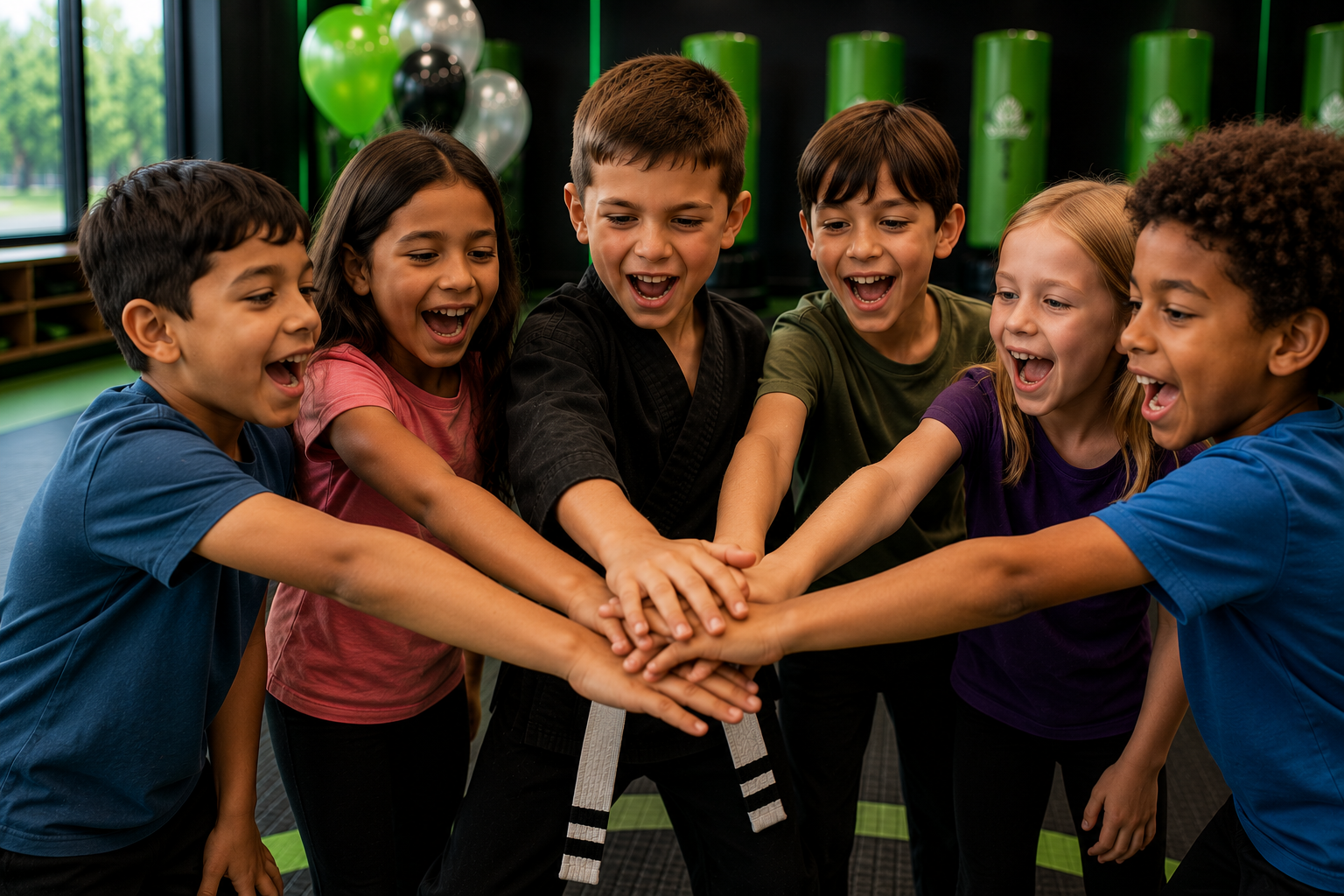 Birthday star with both arms raised in victory while friends cheer